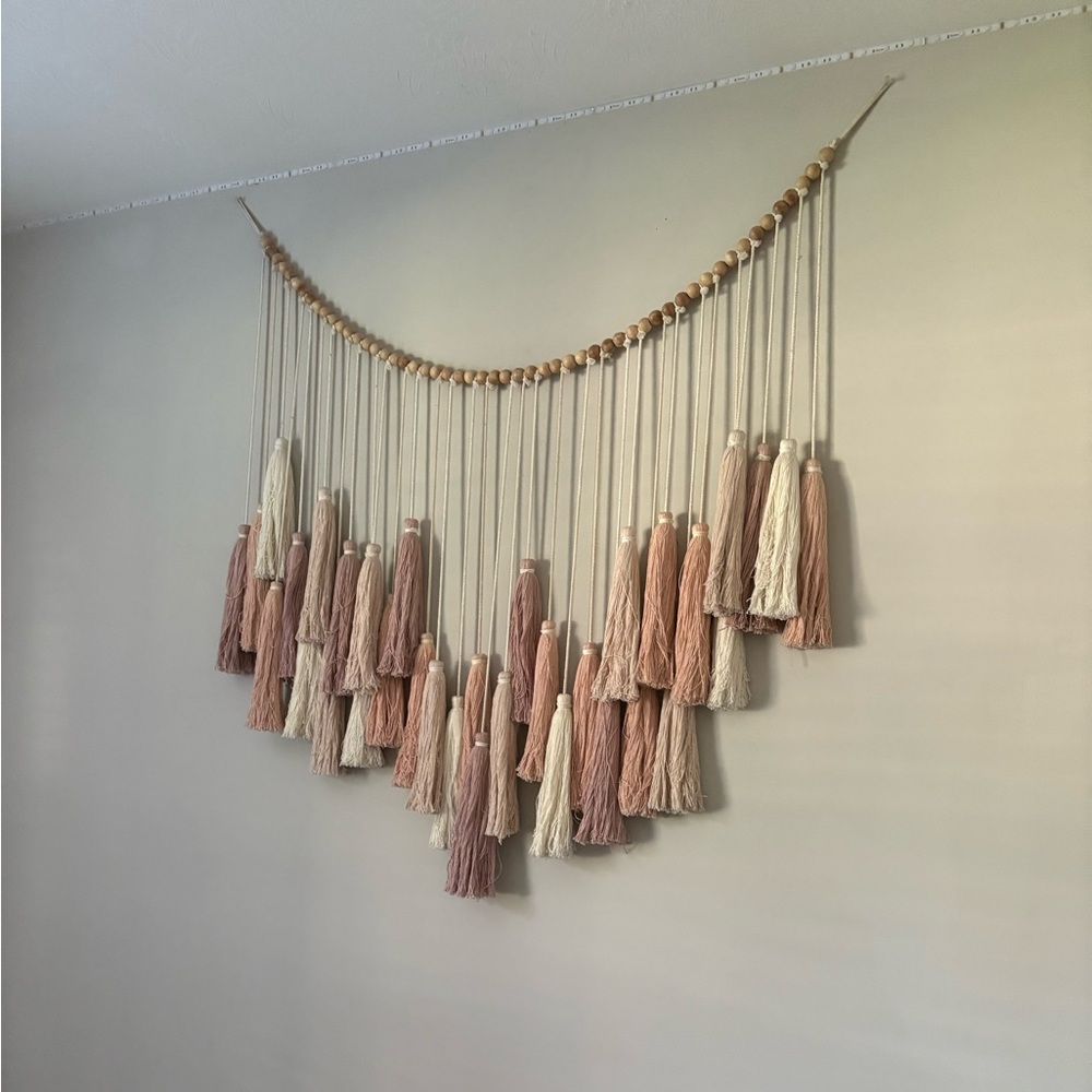 Pottery Barn Pink and Cream Tassel Tapestry